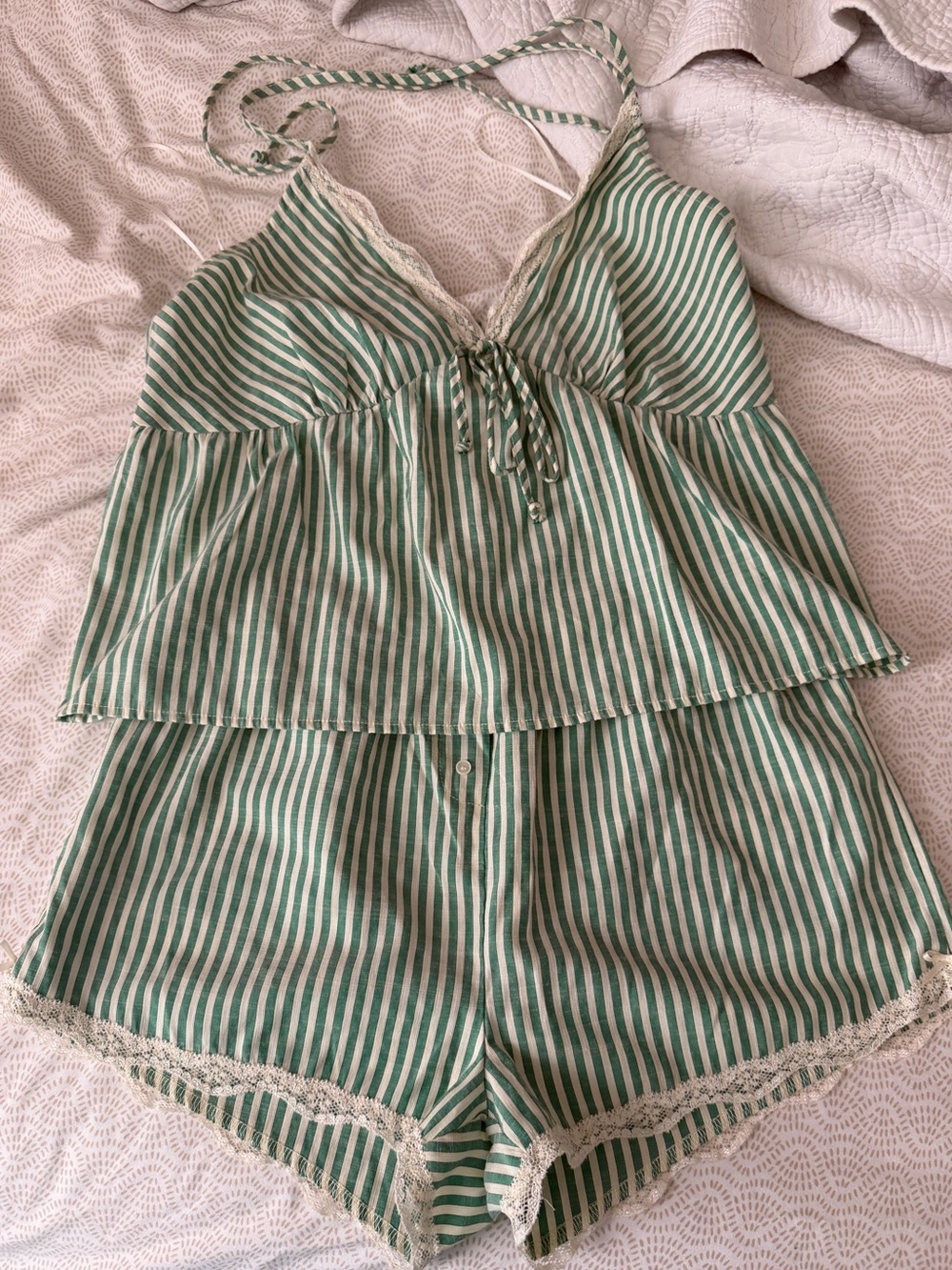 Green and White Striped Lace-Trim Two Piece Set